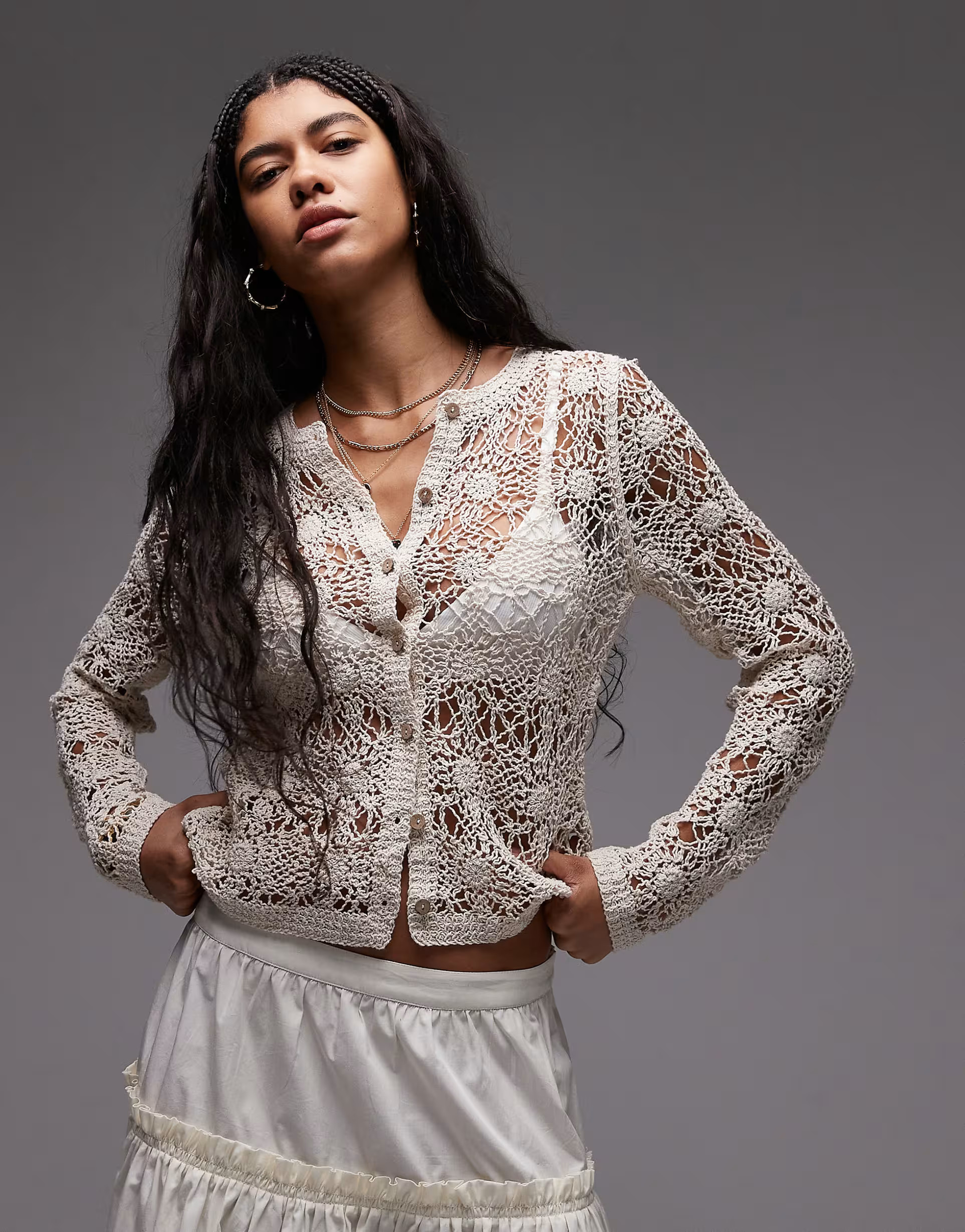 Topshop knitted crew neck flower crochet cardigan in neutral | ASOS | ASOS (Global)
