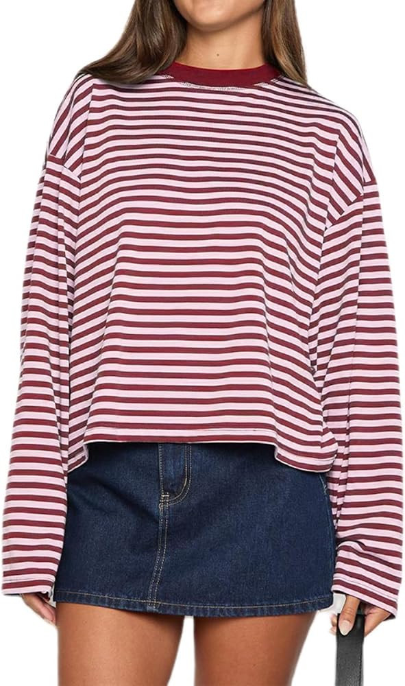 Y2k Womens Striped Cropped Shirt Drop Shoulder Long Sleeve Crewneck Sweatshirt Fairy Grunge Sweat... | Amazon (US)