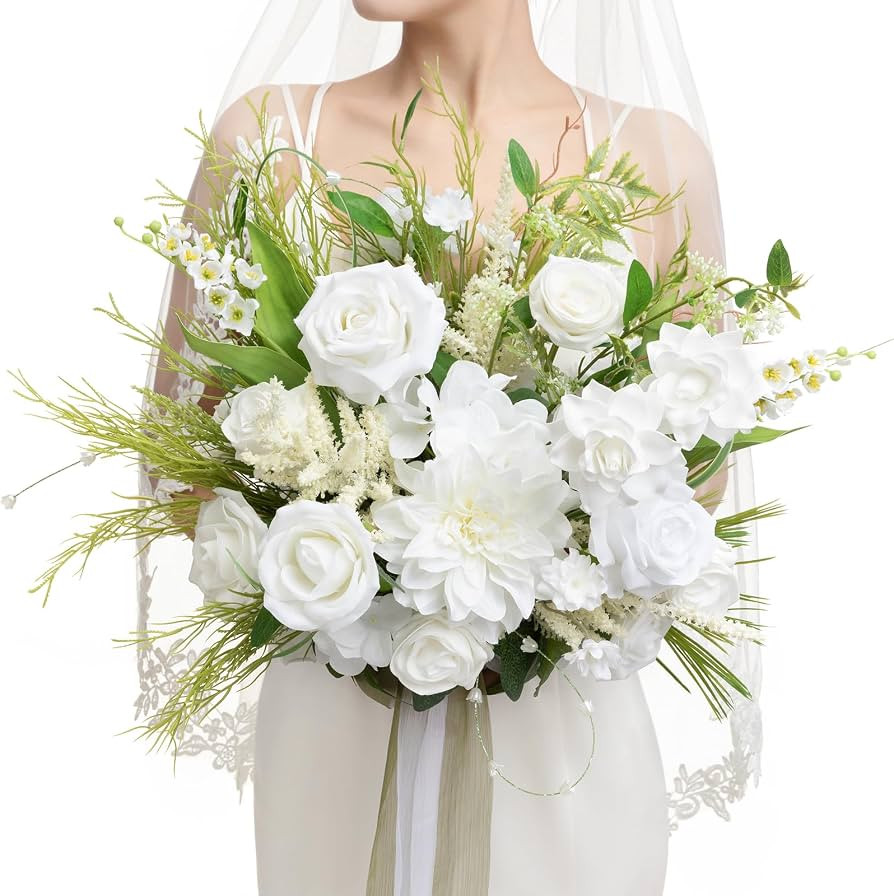Ling's moment Wedding Bouquets for Bride, 15 Inch Lily of the Valley White | Amazon (US)