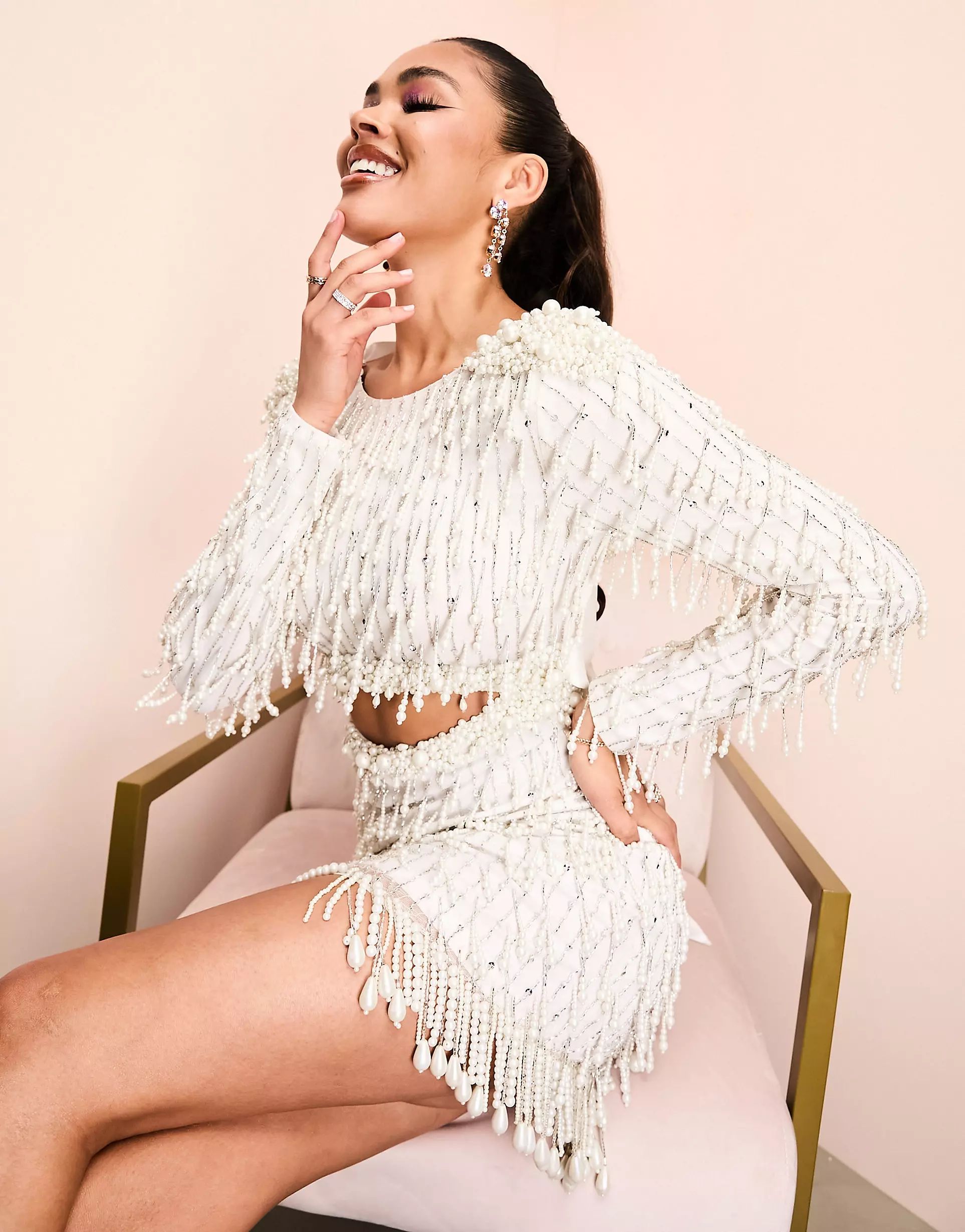 ASOS LUXE faux pearl embellished long sleeve mini dress with bow back in white | ASOS (Global)