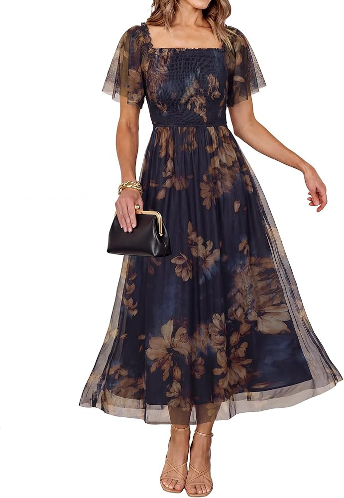 Simplee Womens Floral Maxi Dresses 2026 Summer Square Neck Mesh Short Sleeve Smocked Boho Flowy W... | Amazon (US)