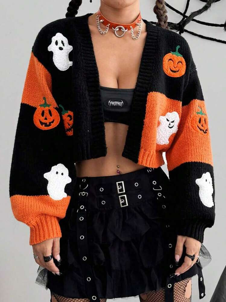 Women's Halloween Knitted Cardigan Pumpkin Ghost Print Long Sleeve Short Chunky Sweater Autumn-Winter | SHEIN