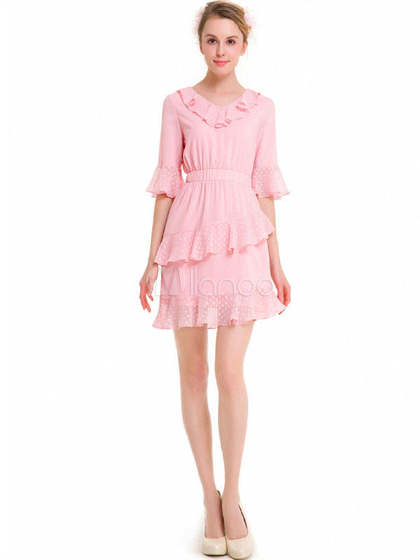 Women Skater Dress Pink V Neck Half Sleeve Ruffles Chiffon Polka Dot Print Mini Dresses | Milanoo