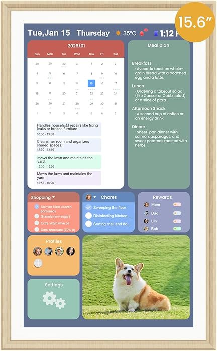 15.6-Inch Smart Digital Calendar & Photo Frame for Family, Wall Planner with Light Wood Frame, Au... | Amazon (US)