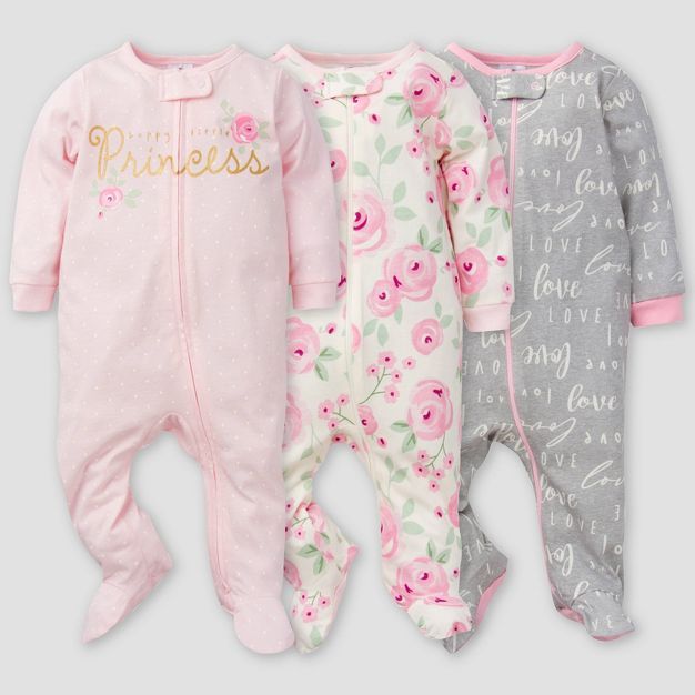 Gerber Baby Girls' 3pk Floral Sleep N' Play - Pink/Off-White/Gray | Target