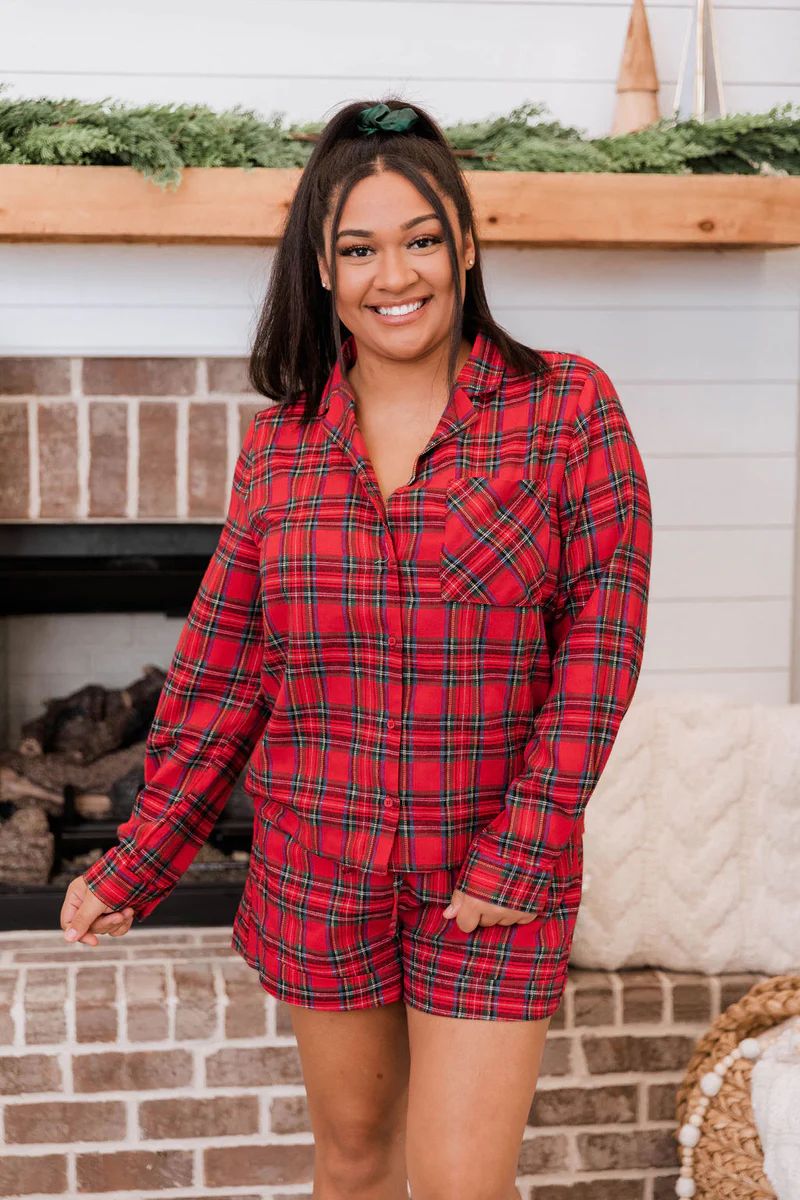 Midnight Miracles Red Button Front Plaid Lounge Top | The Pink Lily Boutique