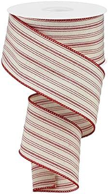 Ticking Stripe on Cotton Wired Edge Ribbon - 10 Yards (Red, Beige, 2.5 Inch) | Amazon (US)