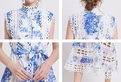 LAI MENG FIVE CATS Women's Sleeveless Hollow Out Lace Button Up Casual Midi Party Dress with Belt | Amazon (US)