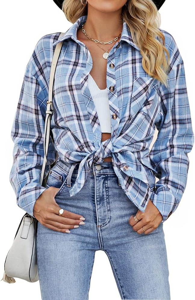 CHYRII Womens Button Down Flannel Shirts Long Sleeve Plaid Shackets Business Casual Blouse Top | Amazon (US)