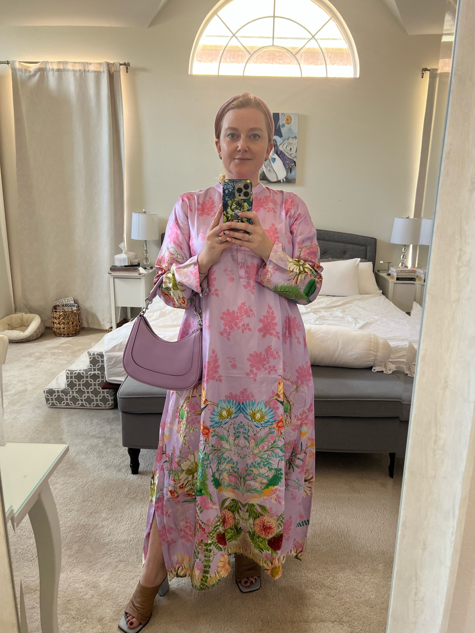 Colorful silk caftan
Lilac bag
Great for an event or brunch 
Wearing a medium 
On sale currently 

#LTKmidsize #LTKwedding #LTKsalealert