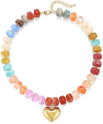 Chunky Heart Necklace for Women, Colorful Acrylic Beaded Statement Puff Heart Necklace, Cute Boho... | Amazon (US)