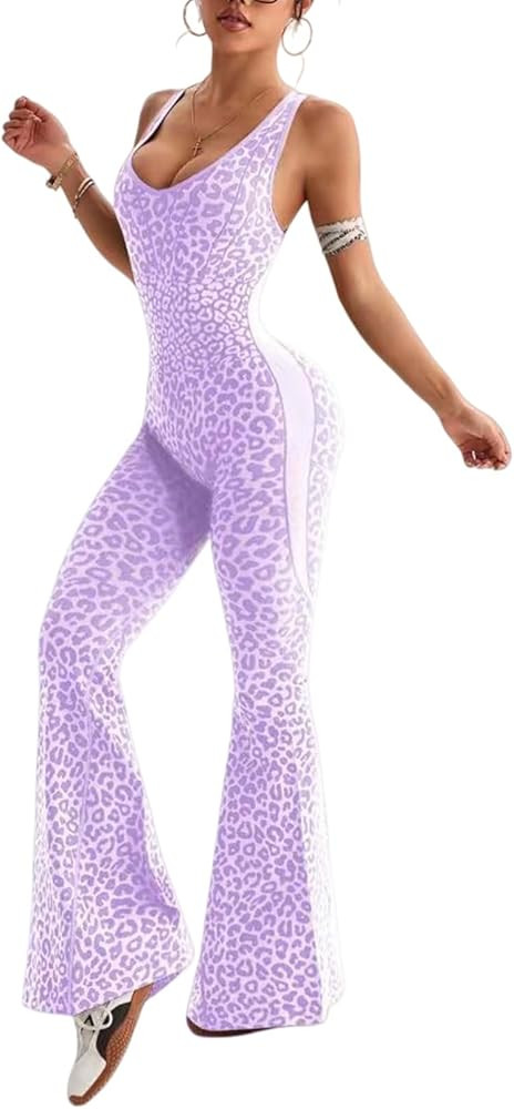 Leopard Print Scoop Neck Flare Yoga Jumpsuits for Women, Twist Backless Sleeveless Sports Pants | Amazon (US)