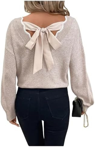 GORGLITTER Women's Bow Fall Sweaters 2025 Cable Knit Chunky Oversized Long Sleeve Backless V Neck... | Amazon (US)