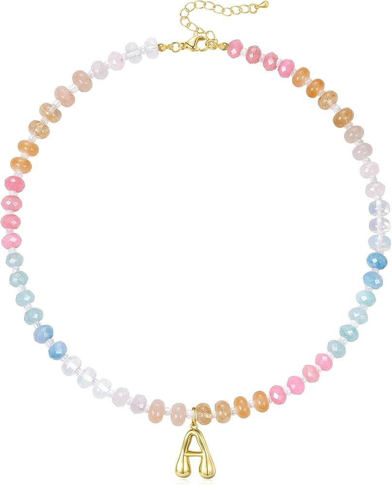 KissYan Initial Necklaces for Women, Colorful Beaded Gemstone Choker 14K Gold Bubble Letter Penda... | Amazon (US)
