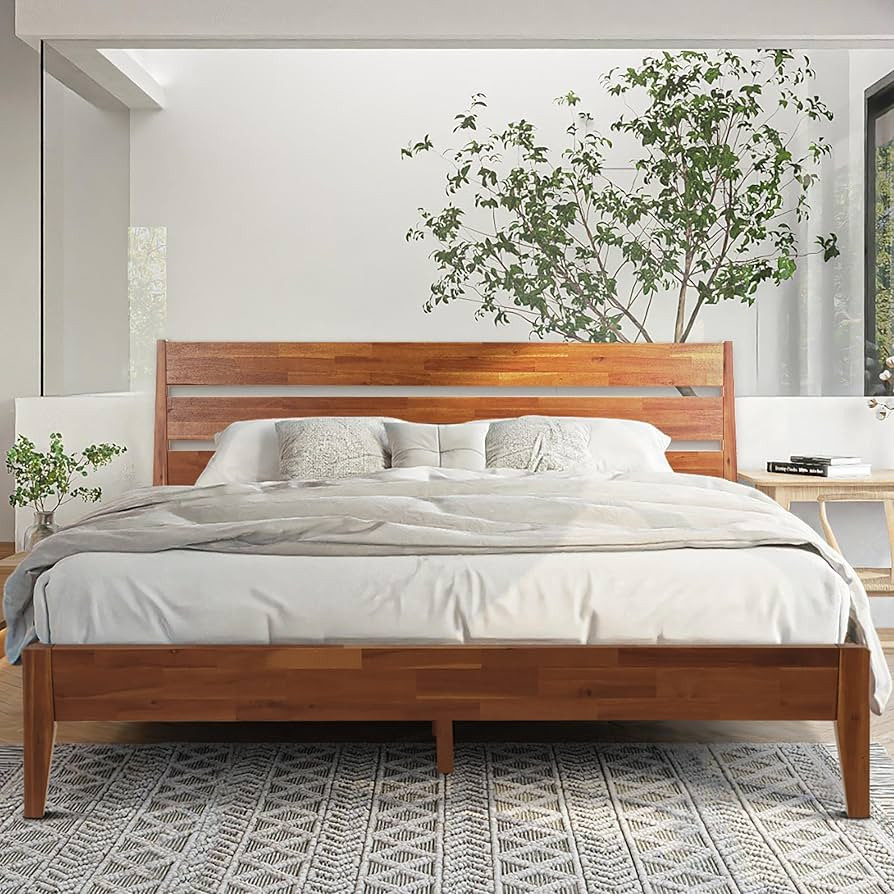 Acacia Emery Bed Frame with Headboard Solid Wood Platform Bed, King Size Bed Frame, Mid - Century... | Amazon (US)