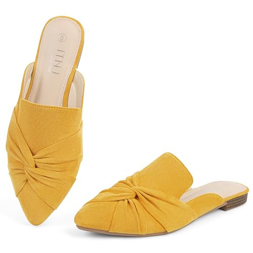 MUSSHOE Mules for Woman Shoes Pointed Toe Slip On Women Flats Backless Loafers with Knot Dressy Comfy Yellow 6.5 | Amazon (US)