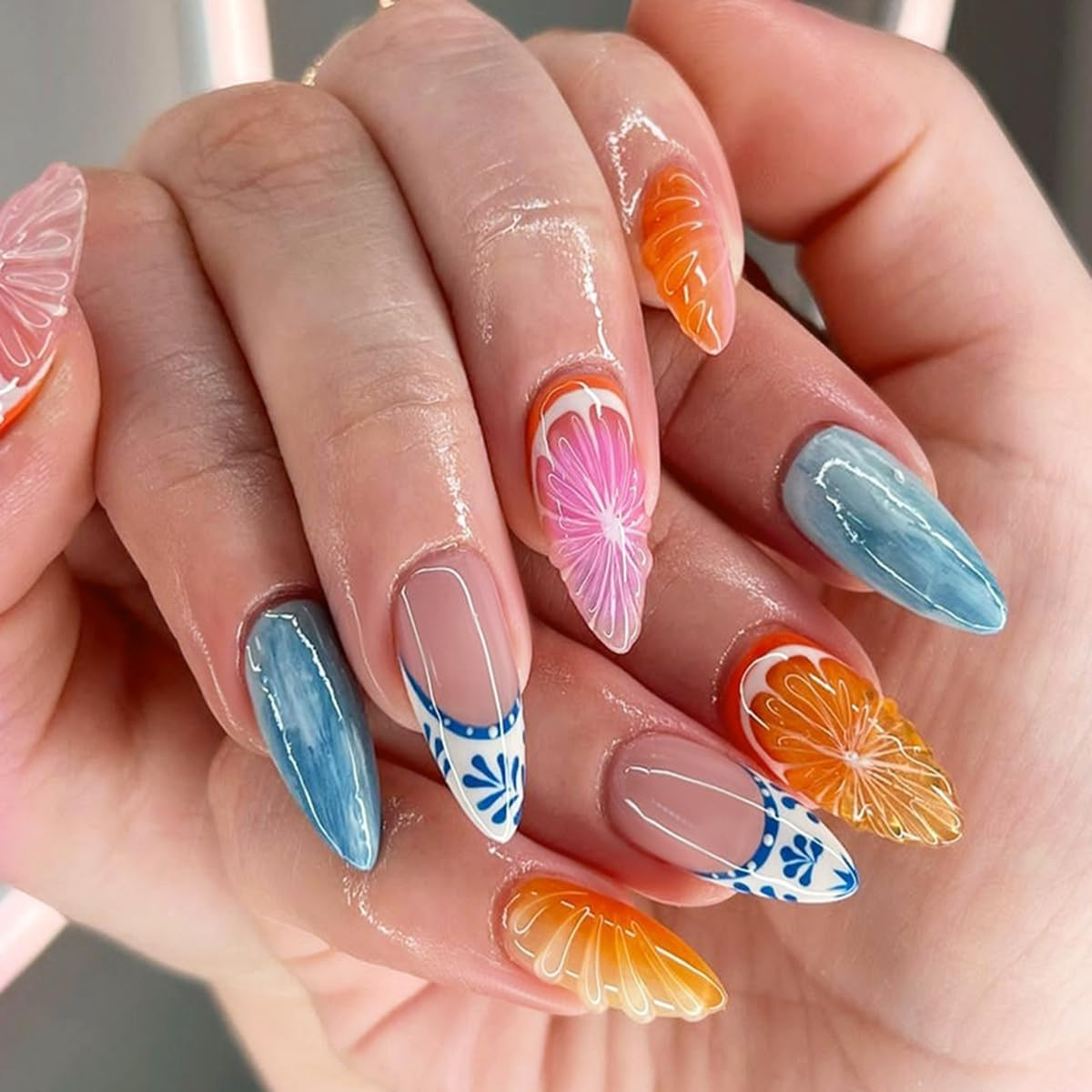 French Tips Press on Nails Medium Length 3D Orange Lemon Design Fake Nails Almond Shape Glue on N... | Amazon (US)