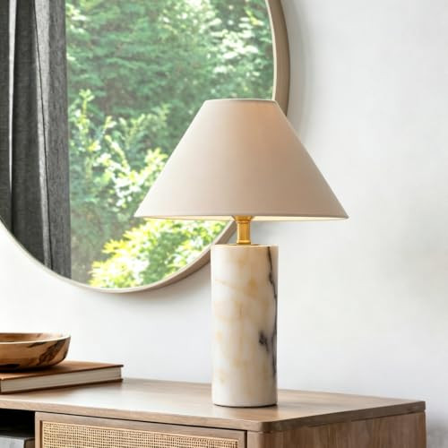 YUNMUARY Marble Table Lamp with Conical Beige Cotton Linen Lampshade | Amazon (US)