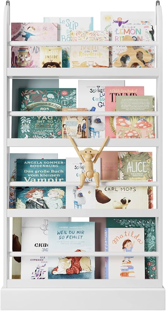 FOTOSOK Kids Bookshelf, 4 Tier Bookshelf for Kids, Wall Book Shelf Organizer for Toys and Books, ... | Amazon (US)