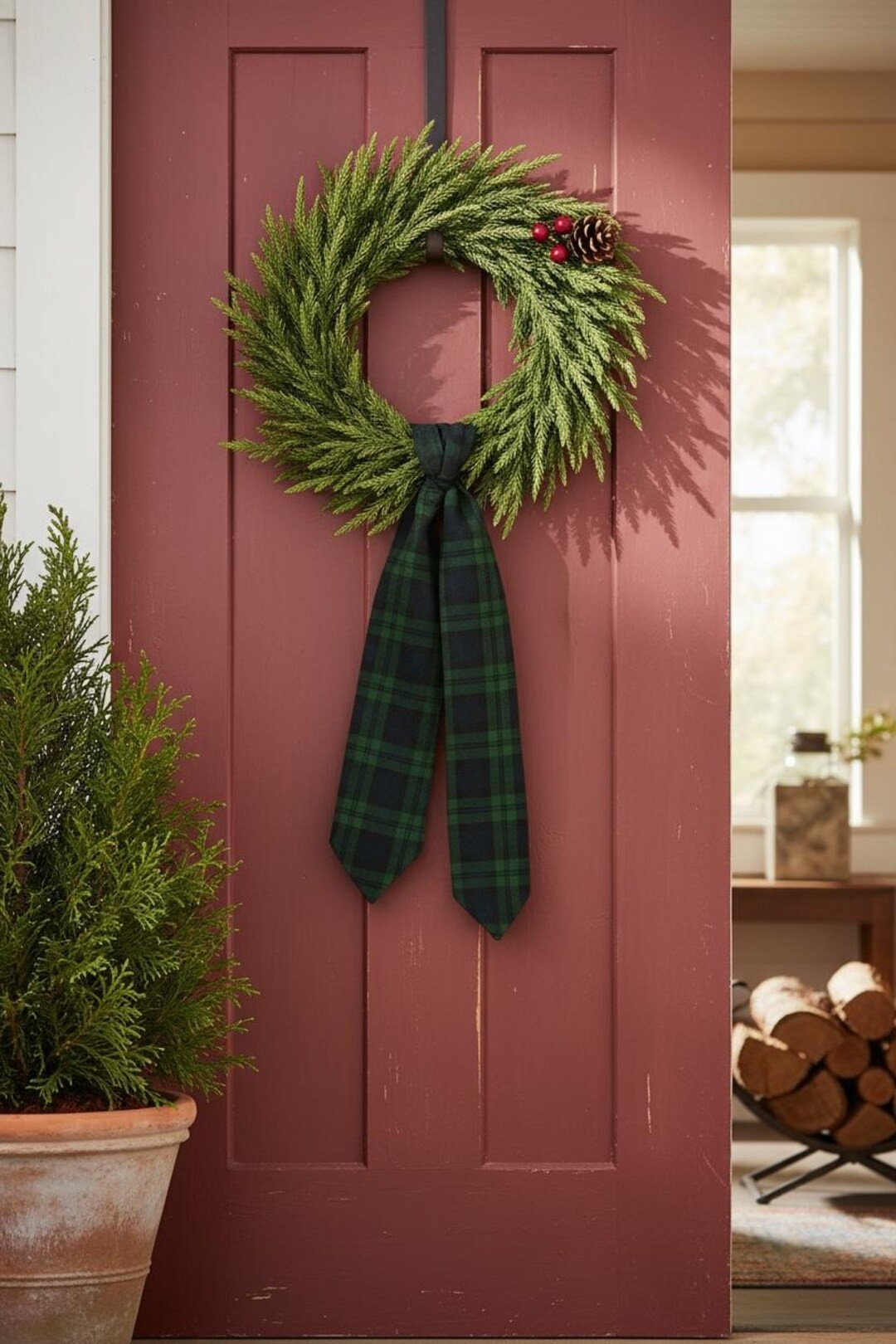 Classic Red Tartan Wreath Sash, Navy Green Plaid Wreath Bow, Ralph Lauren Christmas Wreath Decor,... | Etsy (US)