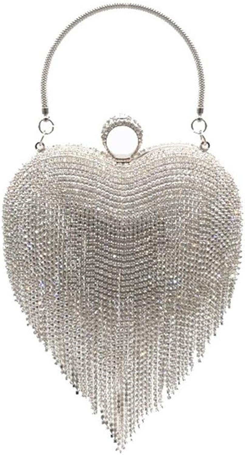 Women Luxury Cute Heart Shape Tassel Evening Clutch Bag Rhinestones Wedding Party Purse Handbag | Amazon (US)