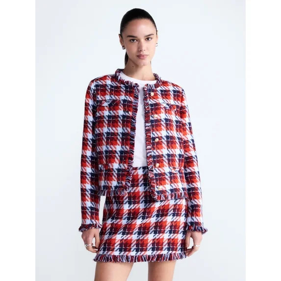 Free Assembly Women's Cropped Tweed Jacket with Fringe Trim, Sizes XS-XXL | Walmart (US)