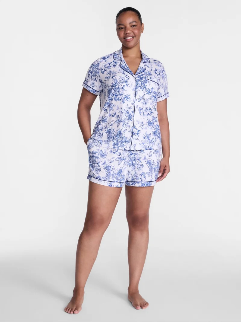 Joyspun Women\u2019s Dreamy Soft Collection Notch Collar Knit Top and Boxer Shorts, 2-Piece Pajam... | Walmart (US)
