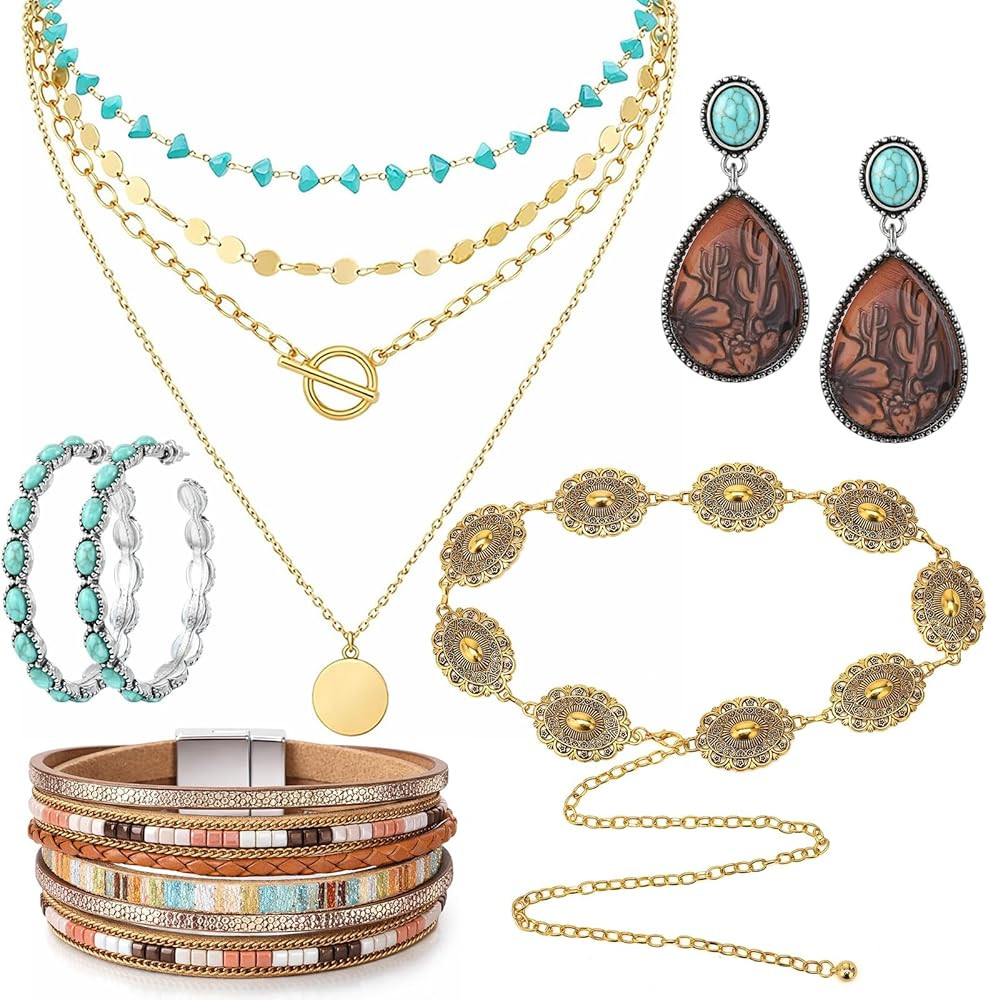 5 Pcs Western Bohemian Layered Jewelry Turquoise Set Included Layered Gold Necklaces Wristband Ea... | Amazon (US)