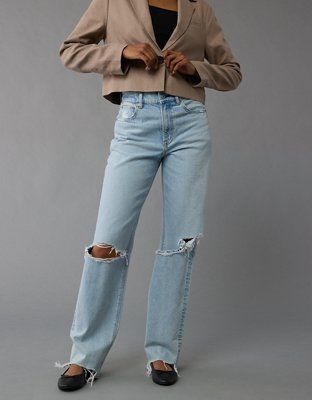 AE Strigid Super High-Waisted Baggy Straight Ripped Jean | American Eagle Outfitters (US & CA)