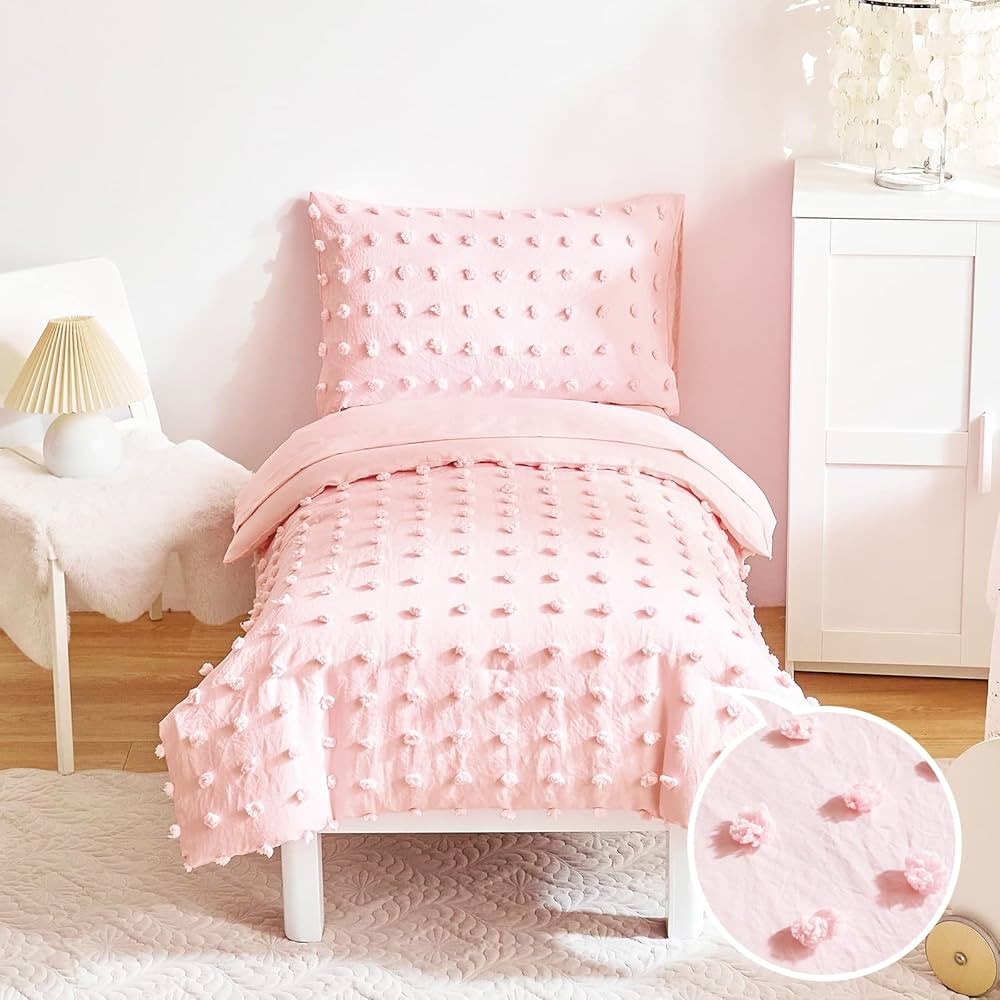4 Pieces Tufted Dots Toddler Bedding Set Solid Pink Jacquard Pom Pom Tufts, Soft and Embroidery S... | Amazon (US)
