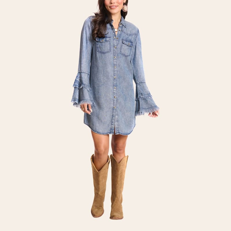 Rockin' C Women's Medium Wash Denim Frayed Shirt Dress | Cavender's