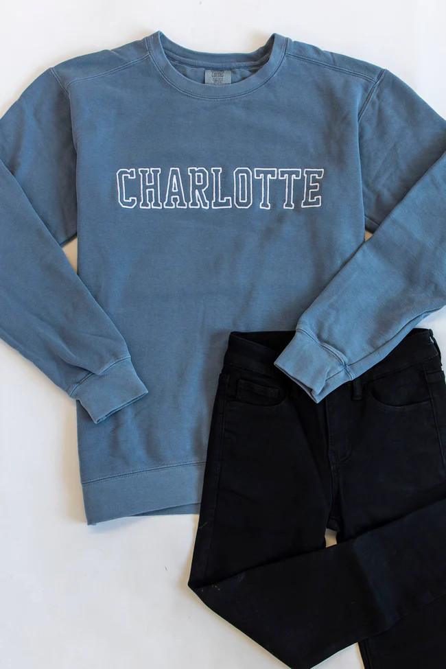 Comfort Colors City Embroidered Blue Sweatshirt | The Pink Lily Boutique