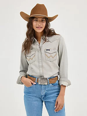 Women's Long Sleeve Western Snap W Stitching on Pocket Denim Shirt | Wrangler