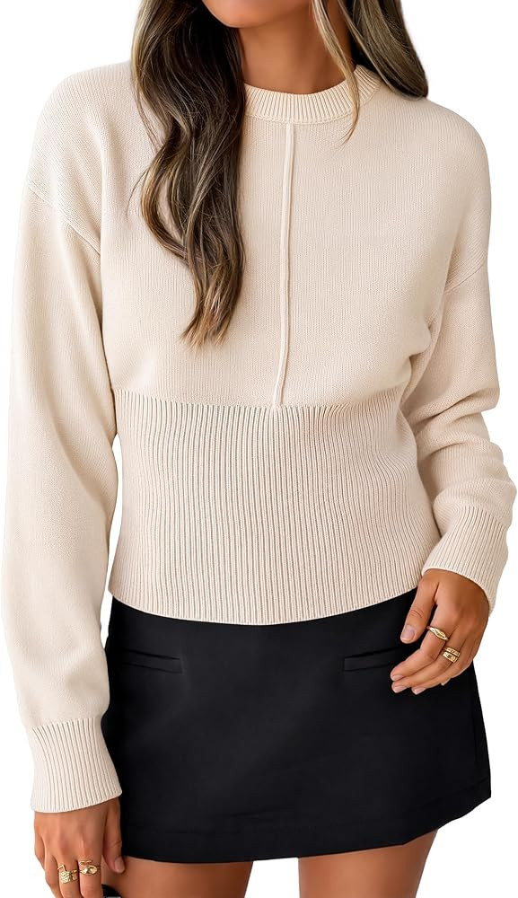 ZESICA Women\u2019s Long Sleeve Crewneck Cinched Waist Pullover Knit Sweaters | Amazon (US)