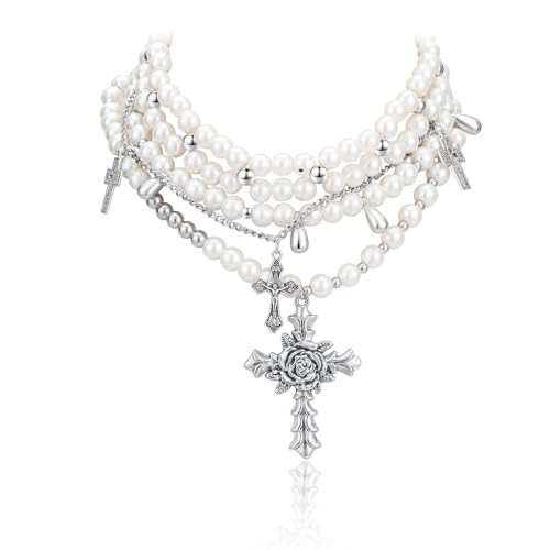 Layered Pearl Necklace Statement Gothic Pearl Cross Necklace Chunky Stacked Rhinestone Pearl Necklace for Women | Amazon (US)
