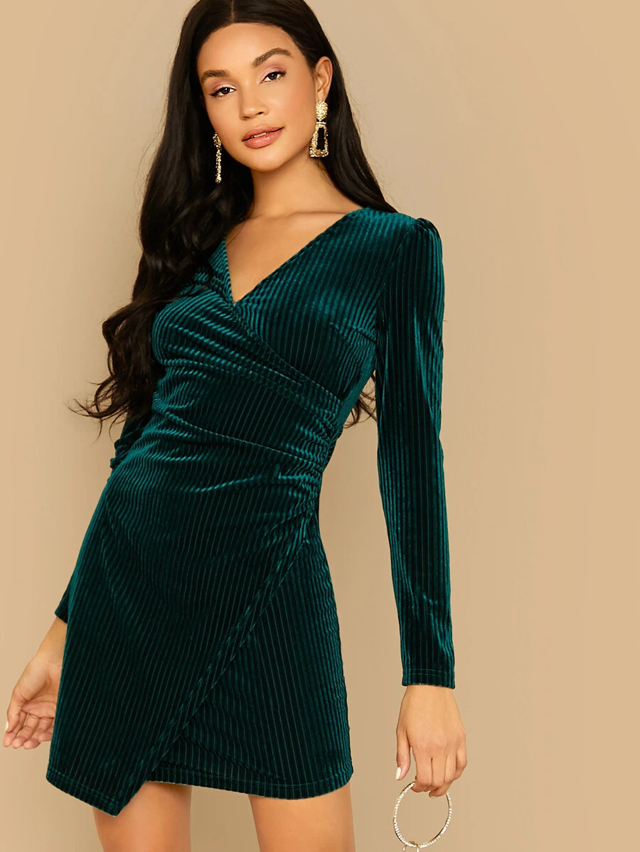SHEIN Wrap Ribbed Velvet Bodycon Dress | SHEIN