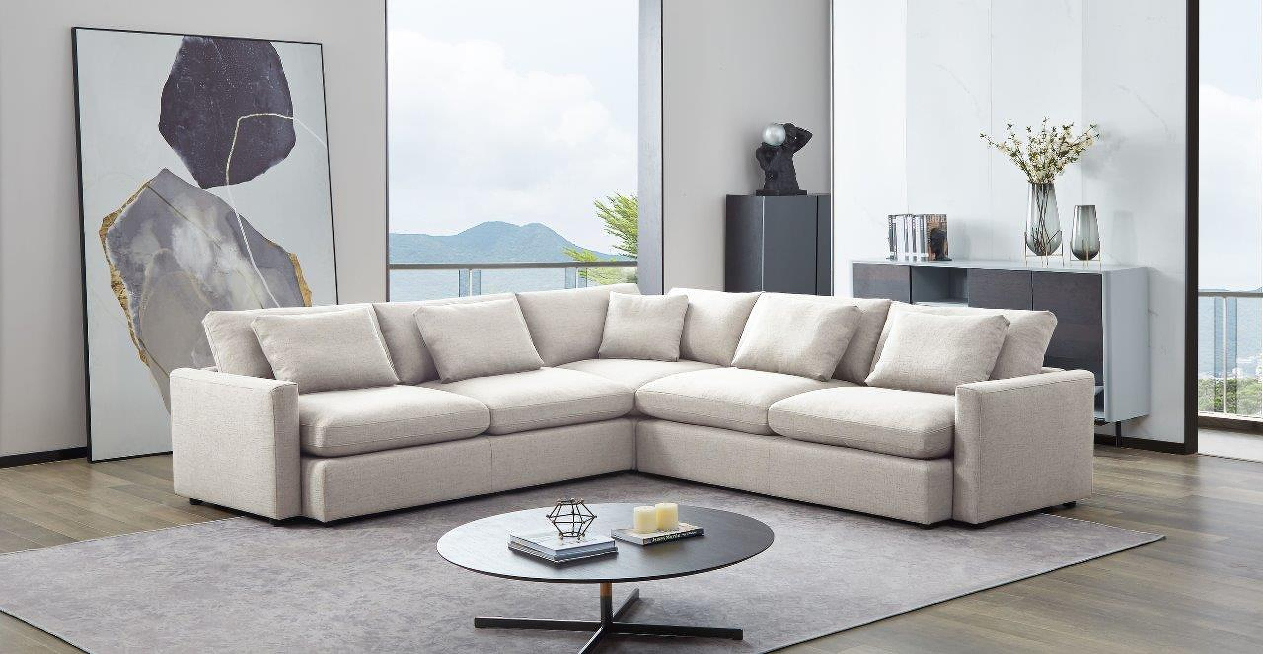 Arcadia 3 Piece Corner Sectional with Feather Down Seating In Cream Fabric | 1stopbedrooms