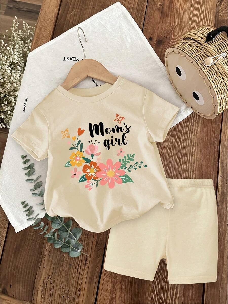 SHEIN Mom's Girl Flower Pattern, Baby Girl Casual Simple Short Sleeve And Shorts Set Suitable For... | SHEIN
