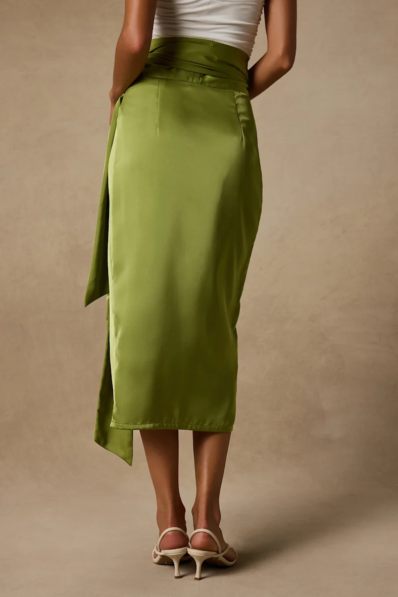 Take A Walk With Me Green Satin Wrap Midi Skirt | Lulus