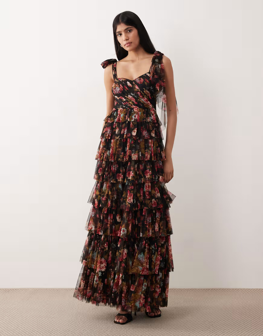 Lace & Beads Ophelia tulle bow shoulder tiered maxi dress in black floral print | ASOS (Global)