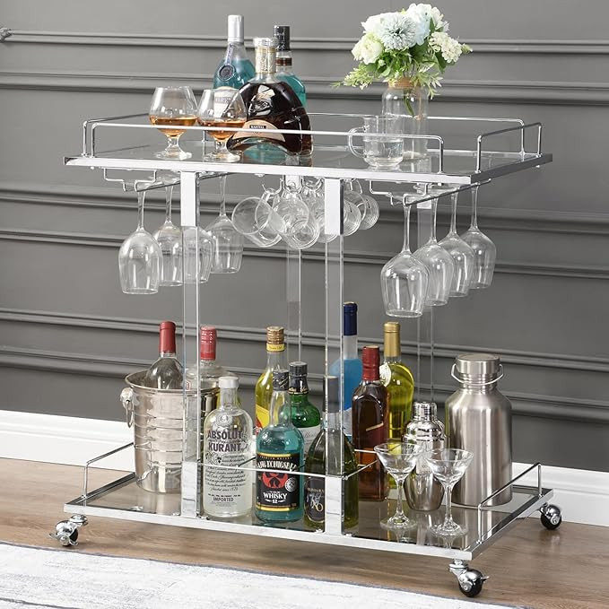 Silver Bar Cart for Home Bar Chrome Serving Cart with Wine Rack 2-Tier Acrylic Rolling Bar Carts ... | Amazon (US)