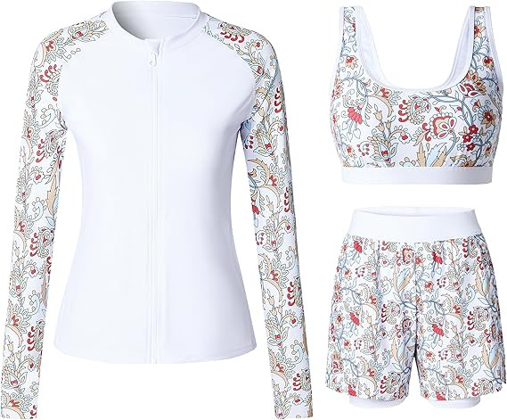 Rash Guard for Women 3 Piece Swimsuits Long Sleeve Bathing Suit with Boyshorts and Bra Ladies Swi... | Amazon (US)