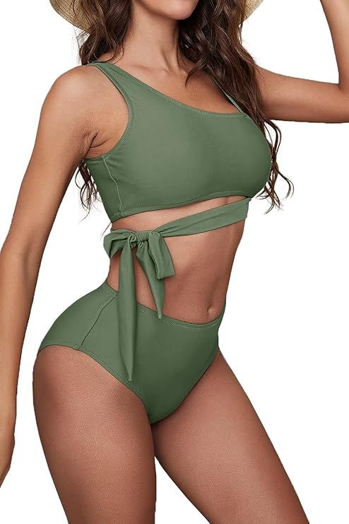 Dofaoo Women One Shoulder High Waisted Bikini Tie High Cut Two Piece Swimsuits | Amazon (US)