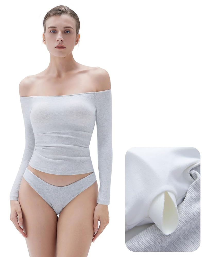 SUUKSESS Women Padded Off The Shoulder Tops Ribbed Long Sleeve Shirts Fall Basic | Amazon (US)