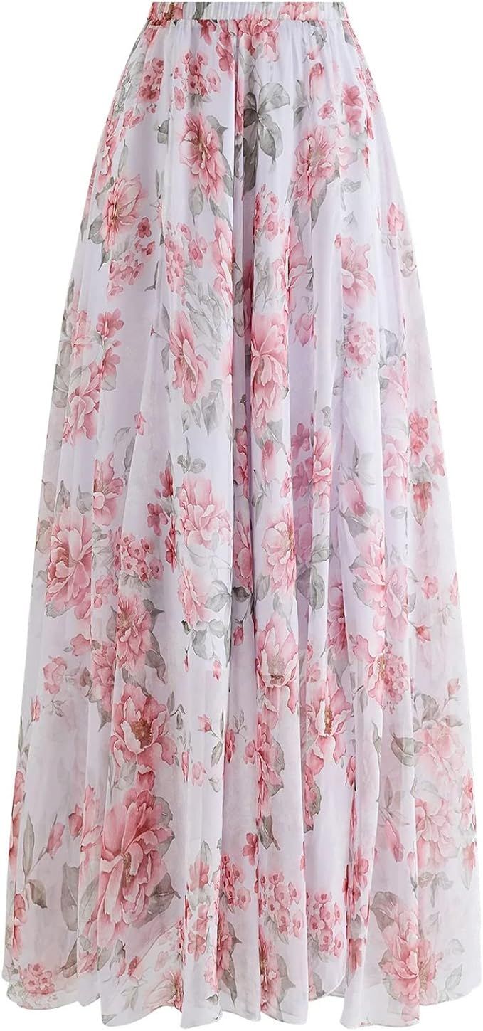 CHICWISH Women's Floral Watercolor Flower Maxi Floral Chiffon Slip Skirt | Amazon (US)