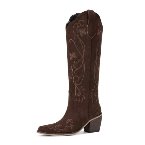 wetkiss Chocolate Brown Suede Cowboy Boots for Women, Dark Brown Cowgirl Boots Women, Pointed Toe, Chunky Heel, Floral Embroidered, Tall Long Boot, Western Boot, Country Retro | Amazon (US)