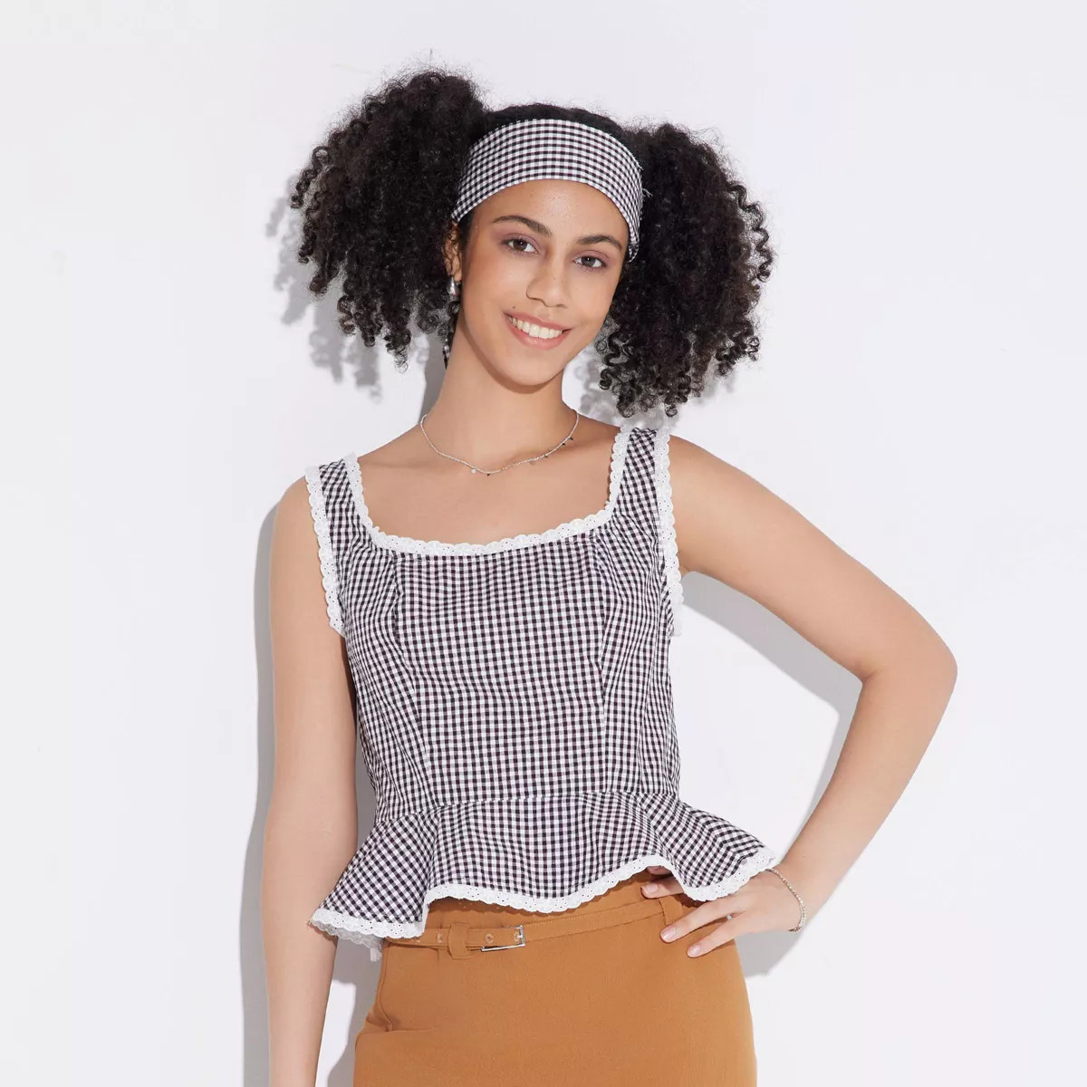 Women's Game Day Tie Back Peplum Top - Wild Fable™ Brown Plaid 1X | Target