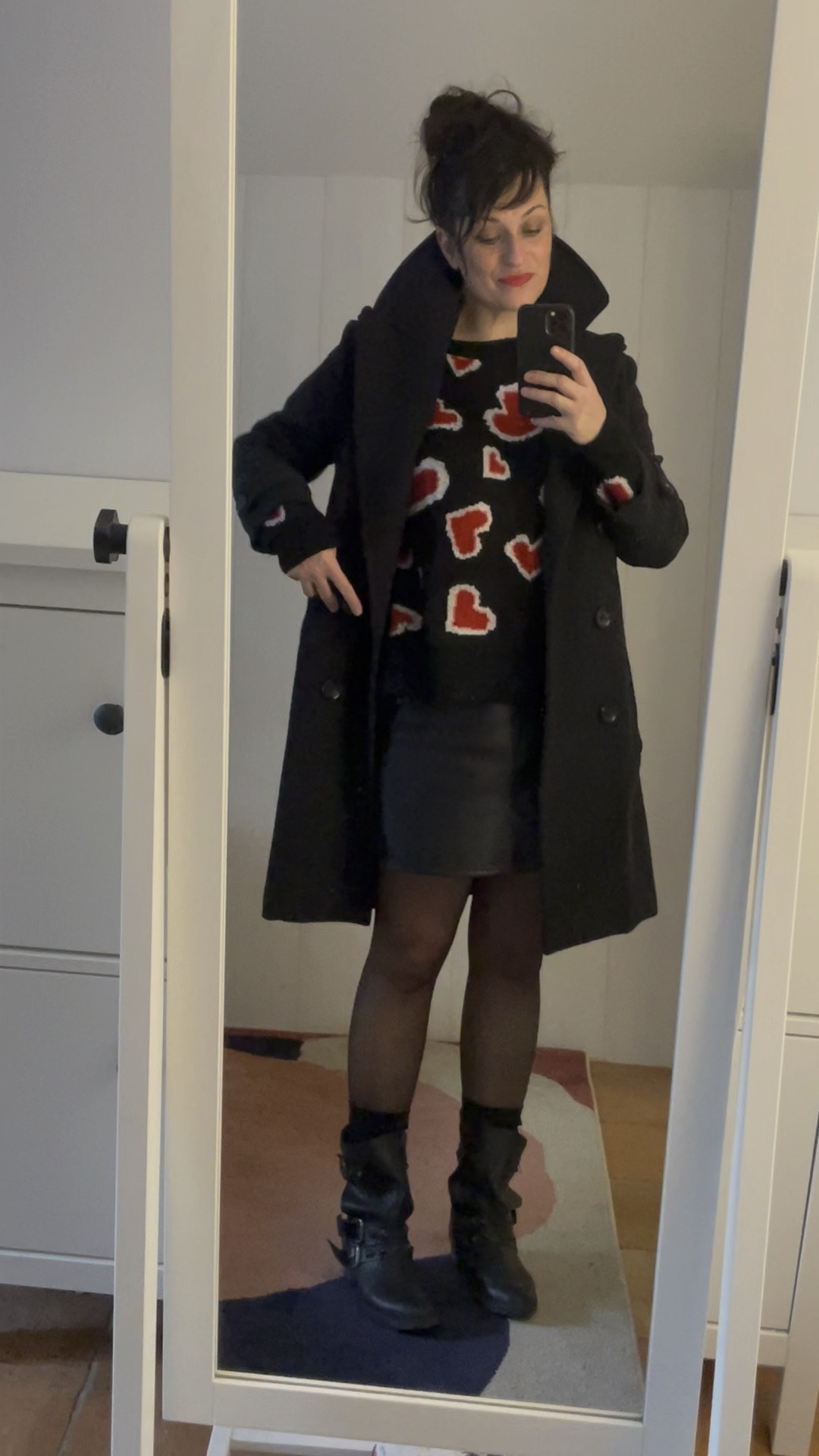 Heart print knit #ikks (linked)
Charcoal peacoat #emersonfry (similar, linked)
Black leather mini skirt #marcopolo (similar, linked)
Brown 30D tights #calzedonia (similar, linked)
Black high socks #urbanclassics (similar, linked)
Leather biker boots #zara (similar, linked)