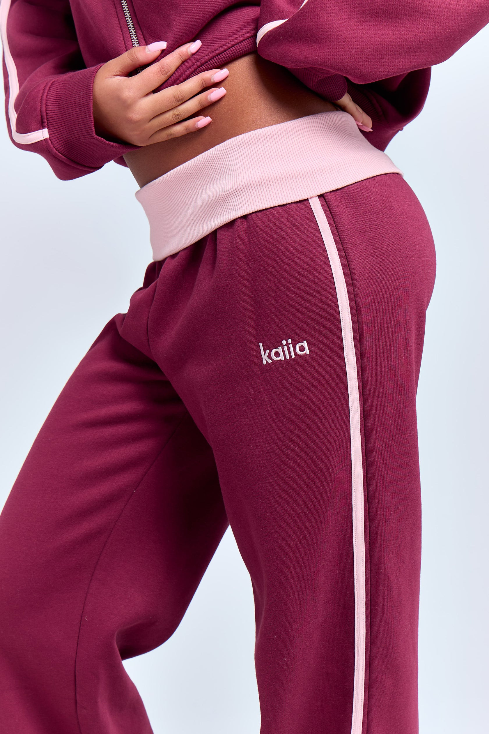 Kaiia Striped Foldover Wide Leg Joggers Burgundy & Pink Chai | Kaiia the Label