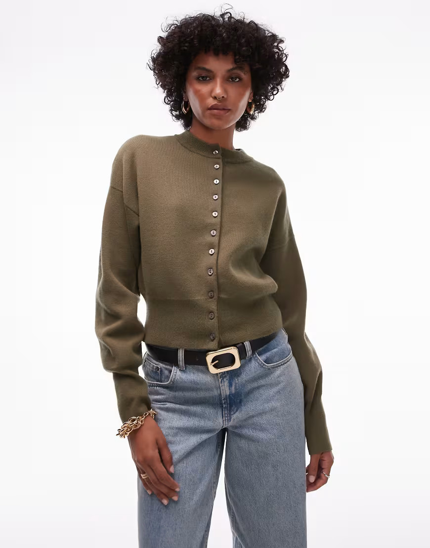Topshop knitted compact fitted waist cardigan in khaki-Green | ASOS (Global)